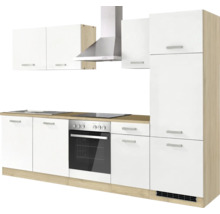 Küchenzeile mit weißen Fronten, Arbeitsplatte in Holzoptik, inklusive Backofen, Kochfeld, Spüle und Dunstabzugshaube aus Edelstahl.