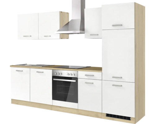 Küchenzeile mit weißen Fronten, Arbeitsplatte in Holzoptik, inklusive Backofen, Kochfeld, Spüle und Dunstabzugshaube aus Edelstahl.