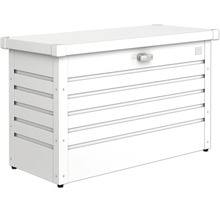 Weiße Gartenbox aus Metall, abschließbar, für Gartenutensilien und Kissen.