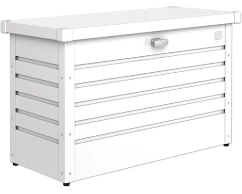 Weiße Gartenbox aus Metall, abschließbar, für Gartenutensilien und Kissen.