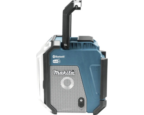 Makita Baustellenradio mit Bluetooth, DAB plus, Tragegriff und Lautsprechergitter, Makita Logo.