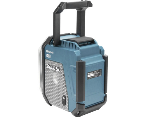 Makita Baustellenradio DMR115 mit Bluetooth und DAB plus, robustes Gehäuse mit Tragegriff und Metallgitter.