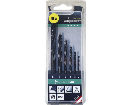 Alpen Spiralbohrersatz Metal Head HSS für Metall, 6-teilig, Größen 2, 3, 4, 5, 6 und 8 Millimeter, DIN 338.