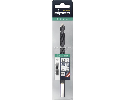 Alpen Logo, Metallbohrer HSS Metal Head 9,5 x 125 Millimeter, PEC TEC, DIN 338, für Stahl und Aluminium, 1 Stück.