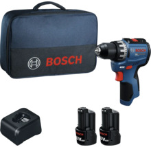 Bosch Akku-Bohrschrauber Set mit zwei 12 Volt 2,0 Amperestunden Akkus, Ladegerät und Tragetasche mit Bosch Logo.