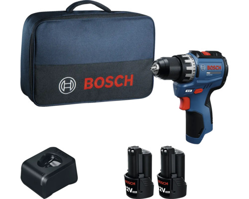 Bosch Akku-Bohrschrauber Set mit zwei 12 Volt 2,0 Amperestunden Akkus, Ladegerät und Tragetasche mit Bosch Logo.