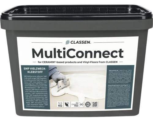 Classen MultiConnect SMP Vielzweck-Klebstoff für Ceramin-Produkte und Vinylböden im 5,5 Kilogramm Eimer, lösemittelfrei und isocyanatfrei. Classen Logo.