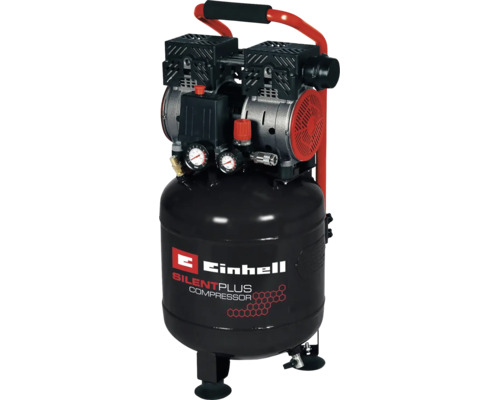 Einhell SilentPlus Kompressor mit Einhell Logo, schwarzem vertikalem Druckbehälter, zwei Manometern und rotem Tragegriff.
