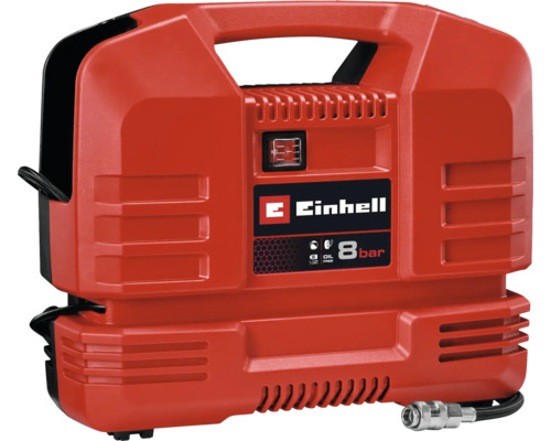 Roter Einhell tragbarer Kofferkompressor, ölfrei, maximal 8 bar Druck, mit Tragegriff, Druckluftschlauch und Schnellkupplung.