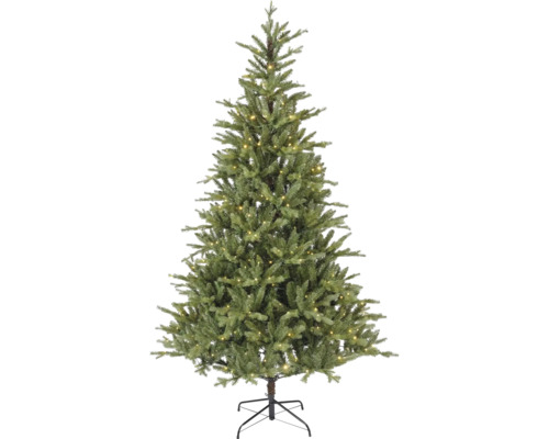 Künstlicher Weihnachtsbaum mit integrierter LED-Beleuchtung und schwarzem Metallständer.