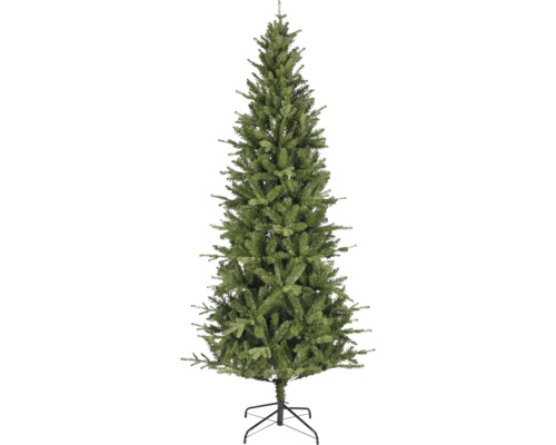 Künstlicher Weihnachtsbaum in schmaler, dichter Form mit schwarzem Metallständer.