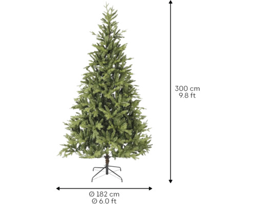 Künstlicher Weihnachtsbaum, Höhe 300 Zentimeter, Durchmesser 182 Zentimeter, inklusive Metallständer.