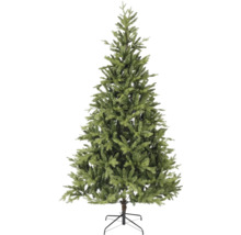 Künstlicher Weihnachtsbaum mit dichten Zweigen und einem Metallständer.