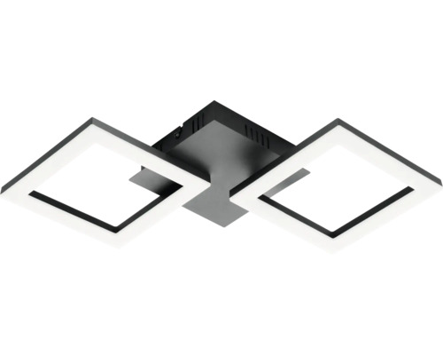 Moderne quadratische LED-Deckenleuchte aus schwarzem Metall mit zwei leuchtenden Rahmen.