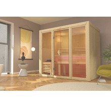 Saunakabine aus Holz mit großer Glasfront und Glastür in einem modern eingerichteten Zimmer.