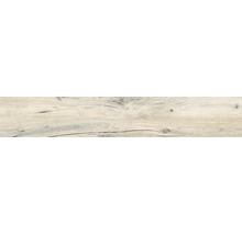 Bodenfliese in heller Holzoptik mit ausgeprägter Maserung, Astlöchern und feinen Rissen.