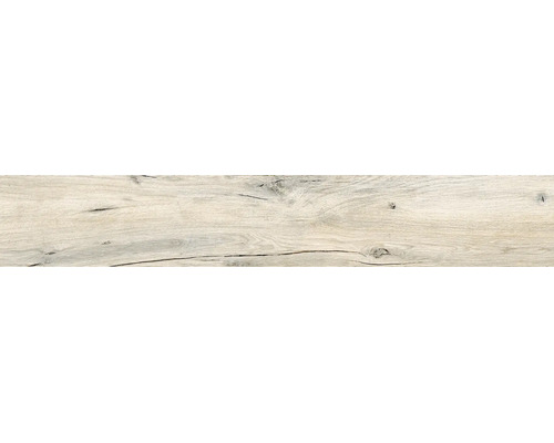 Bodenfliese in heller Holzoptik mit ausgeprägter Maserung, Astlöchern und feinen Rissen.