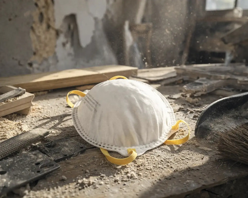 Weiße Atemschutzmaske auf einer staubigen Werkbank in einer Werkstatt mit Holzwerkzeugen und Sägespänen.
