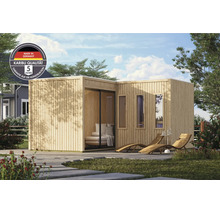 Moderne Gartenlounge aus Holz mit bodentiefen Fenstern und Terrasse in einem Garten mit Karibu Qualitätssiegel und 5 Jahren Garantie.