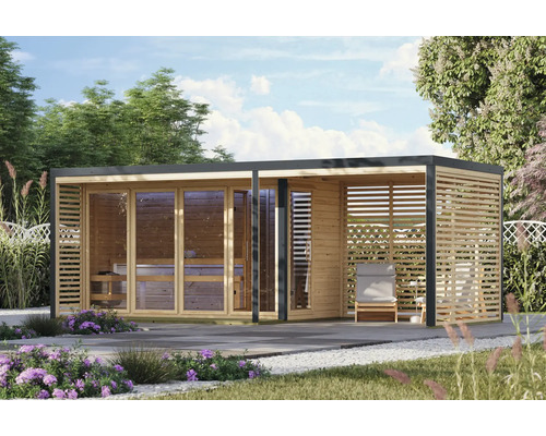 Gartensauna aus Holz mit Glasfront und integriertem überdachtem Lounge Bereich für den Außenbereich