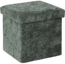 Quadratischer Hocker mit Stauraum und gepolstertem Deckel aus gewebtem Stoff.