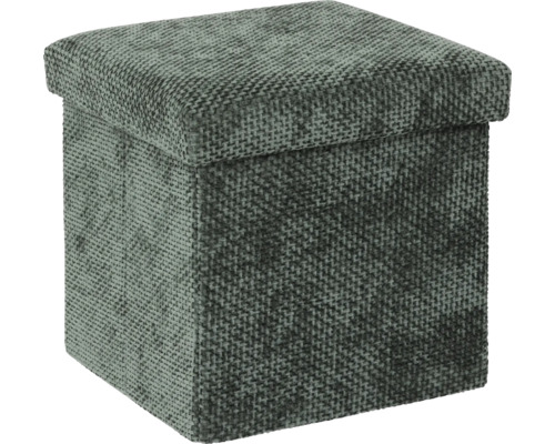 Quadratischer Hocker mit Stauraum und gepolstertem Deckel aus gewebtem Stoff.