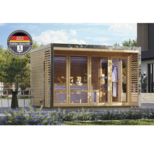 Moderne Karibu Gartensauna mit Glasfront und Holzlamellen auf einer Terrasse stehend mit Herstellergarantie und Made in Germany Siegel