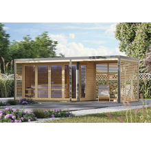 Moderne Gartensauna aus Holz mit Glasfront und integriertem überdachtem Bereich für Entspannung im Garten.