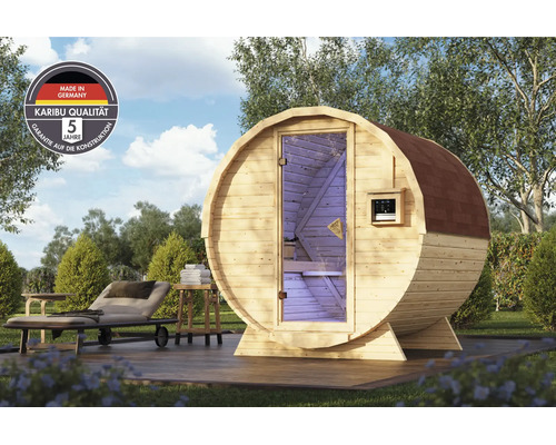Fasssauna aus Holz für den Garten mit Glasfront und Saunaofen im Außenbereich inklusive Gütesiegel für Herkunft und fünf Jahre Konstruktionsgarantie