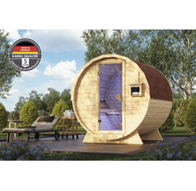 Fasssauna aus Holz für den Garten mit Glasfront und Saunaofen im Außenbereich inklusive Gütesiegel für Herkunft und fünf Jahre Konstruktionsgarantie