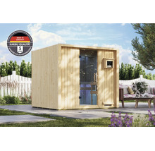 Moderne Karibu Gartensauna aus Holz mit Glasfront auf einer Terrasse mit Gartenmöbeln, inklusive Herstellergarantie und Qualitätssiegel.