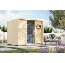 Moderne Gartensauna aus Holz mit Glaselementen für den Außenbereich im Garten