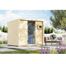 Moderne Garten Sauna aus Holz mit Glastür und Steuerung auf einer Terrasse in einem Garten.