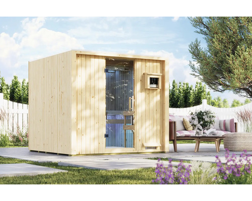 Moderne Garten Sauna aus Holz mit Glastür und Steuerung auf einer Terrasse in einem Garten.