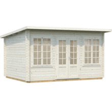 Gartenhaus aus hellem Holz mit Pultdach, einer verglasten Doppeltür und zwei Sprossenfenstern.
