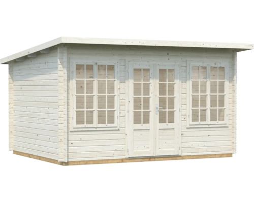 Gartenhaus aus hellem Holz mit Pultdach, einer verglasten Doppeltür und zwei Sprossenfenstern.