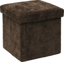 Quadratischer Sitzhocker mit Stauraum, gepolstertem Deckel und strukturierter Textiloberfläche.