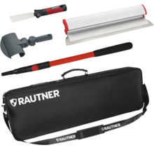 RAUTNER Spachtelset für Trockenbau mit Flächenspachtel, kleiner Spachtel, Teleskopstange, Adapter und Tragetasche.