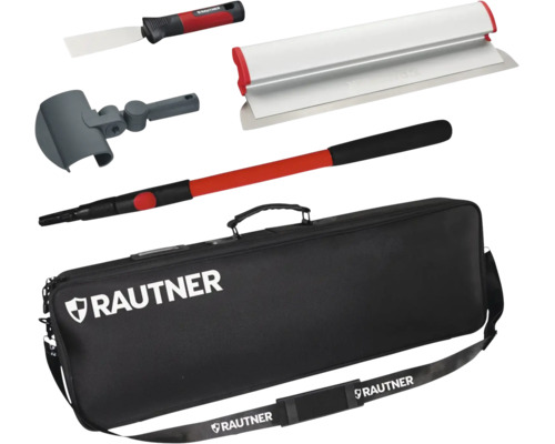 RAUTNER Spachtelset für Trockenbau mit Flächenspachtel, kleiner Spachtel, Teleskopstange, Adapter und Tragetasche.