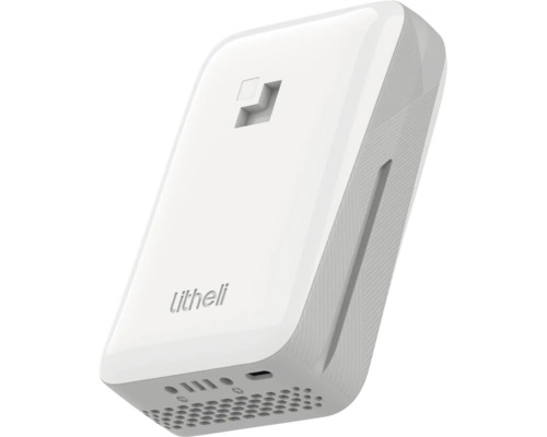 Weißer Litheli U-Battery Akku mit USB-C-Anschluss, Ladestandsanzeige und Anschlusskontakten für modulare Werkzeuge.