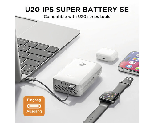 U20 IPS Super Battery SE für U20 Werkzeuge, hier als Powerbank für Laptop, Smartphone und Wearables mit USB-C Ein- und Ausgang.
