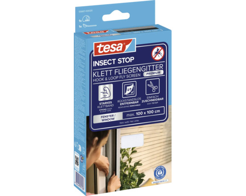 tesa Insect Stop Klett Fliegengitter Premium für Fenster, weiß, 100 mal 100 Zentimeter, inklusive Befestigungsband und Andrückhilfe.