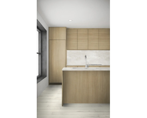 Moderne Einbauküche mit hellen Holzfronten und Kücheninsel mit Armatur in einem minimalistischen Raum.