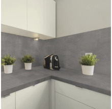 Moderne Küche mit grauer Arbeitsplatte und passendem Fliesenspiegel in Betonoptik, dazu weiße Küchenschränke und kleine Pflanzen als Dekoration.