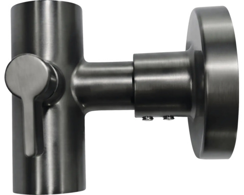 Handlaufhalter aus Metall in dunkler, gebürsteter Optik mit Wandflansch und Verstellhebel.