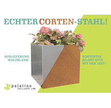 Quadratischer Pflanzkübel aus Corten-Stahl mit Blumen. Zeigt walzblanken Zustand und spätere Rostoptik. Palatino Exclusive Line Logo.