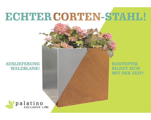 Quadratischer Pflanzkübel aus Corten-Stahl mit Blumen. Zeigt walzblanken Zustand und spätere Rostoptik. Palatino Exclusive Line Logo.