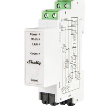 Weißes Shelly Pro 3EM dreiphasiges Energiemessgerät für die Hutschiene mit Statusanzeigen und einem Schaltplan auf der Seite.