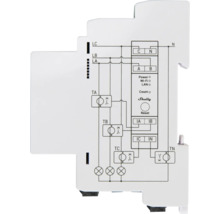 Schaltplan auf einem weißen Shelly Smart Home Modul für die Hutschienenmontage. Shelly Logo.