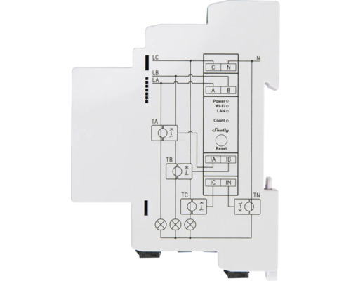 Schaltplan auf einem weißen Shelly Smart Home Modul für die Hutschienenmontage. Shelly Logo.